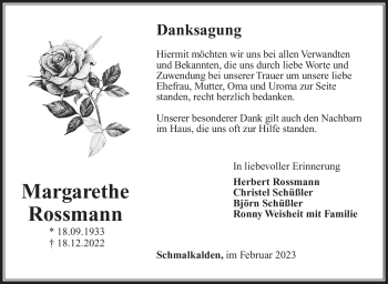 Traueranzeige von Margarethe Rossmann von Südthüringer Presse