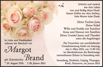 Traueranzeige von Margot Brand von Südthüringer Presse