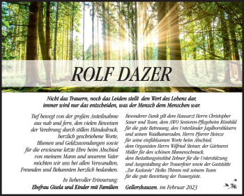 Traueranzeige von Rolf Dazer von Südthüringer Presse