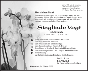 Traueranzeige von Sieglinde Vogt von Südthüringer Presse