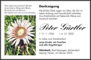Traueranzeige von Peter Gürtler von Südthüringer Presse