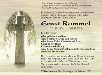 Traueranzeige von Ernst Rommel von Südthüringer Presse