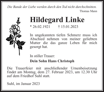 Traueranzeige von Hildegard Linke von Südthüringer Presse