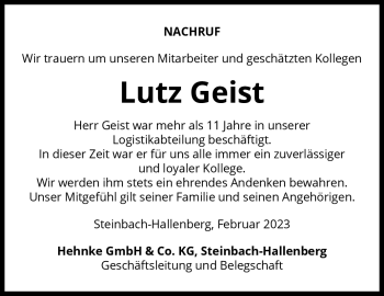 Traueranzeige von Lutz Geist von Südthüringer Presse