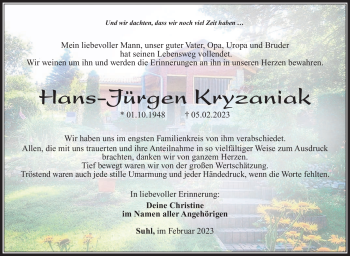 Traueranzeige von Hans-Jürgen Kryzaniak von Südthüringer Presse