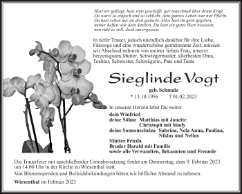 Traueranzeige von Sieglinde Vogt von Südthüringer Presse