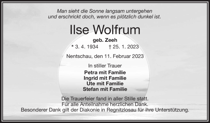  Traueranzeige für Ilse Wolfrum vom 11.02.2023 aus Frankenpost