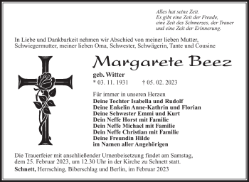 Traueranzeige von Margarete Beez von Südthüringer Presse
