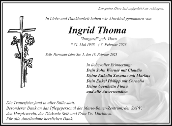 Traueranzeige von Ingrid Thoma von Frankenpost
