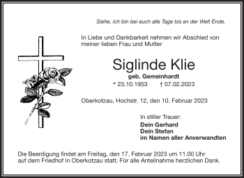 Traueranzeige von Siglinde Klie von Frankenpost