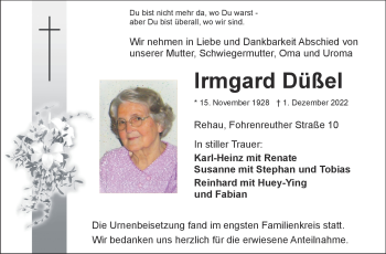 Traueranzeige von Irmgard Düßel von Frankenpost