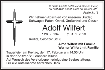 Traueranzeige von Adolf Wilfert von Frankenpost