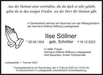 Traueranzeige von Ilse Söllner von Neue Presse Coburg