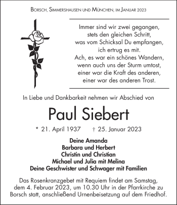 Traueranzeige von Paul Siebert von Südthüringer Presse