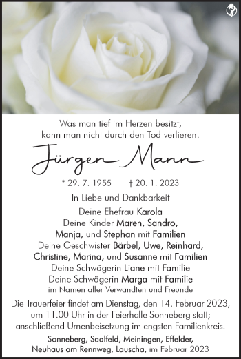 Traueranzeige von Jürgen Mann von Südthüringer Presse