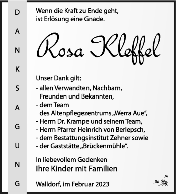 Traueranzeige von Rosa Kleffel von Südthüringer Presse