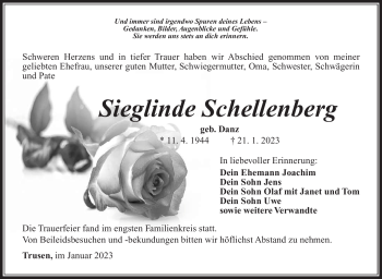 Traueranzeige von Sieglinde Schellenberg von Südthüringer Presse
