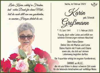Traueranzeige von Karin Großmann von Südthüringer Presse