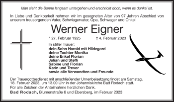 Traueranzeige von Werner Eigner von Südthüringer Presse