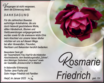 Traueranzeige von Rosmarie Friedrich von Südthüringer Presse