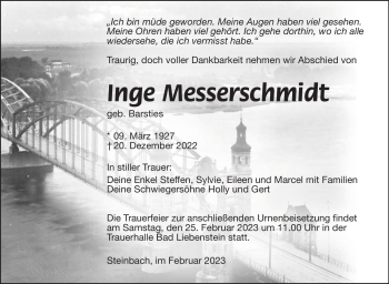 Traueranzeige von Inge Messerschmidt von Südthüringer Presse