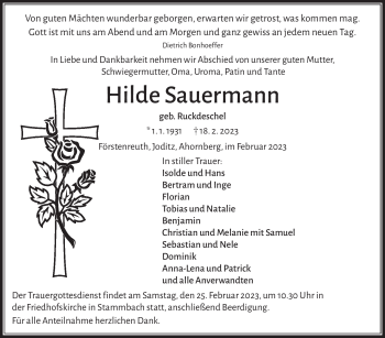 Traueranzeige von Hilde Sauermann von Frankenpost