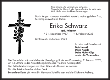 Traueranzeige von Erika Schwarz von Frankenpost
