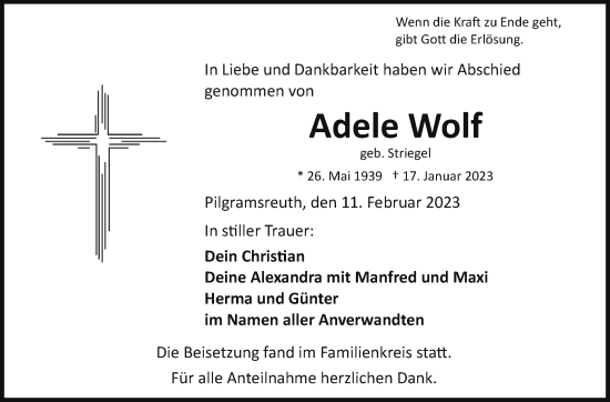 Traueranzeige von Adele Wolf von Frankenpost