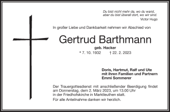 Traueranzeige von Gertrud Barthmann von Frankenpost