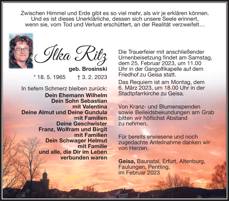  Traueranzeige für Ilka Ritz vom 21.02.2023 aus Südthüringer Presse