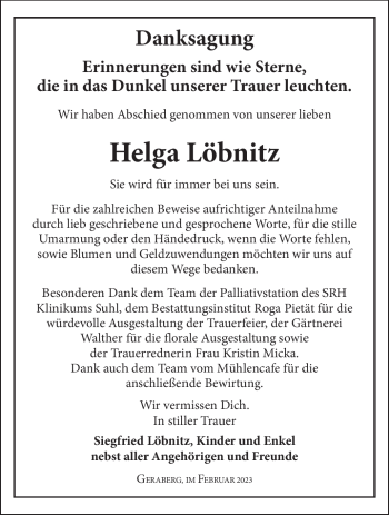 Traueranzeige von Helga Löbnitz von Südthüringer Presse