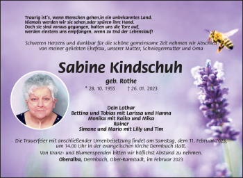 Traueranzeige von Sabine Kindschuh von Südthüringer Presse