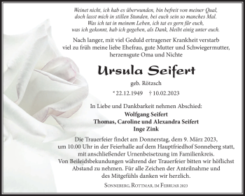 Traueranzeige von Ursula Seifert von Südthüringer Presse