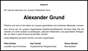 Traueranzeige von Alexander Grund von Südthüringer Presse