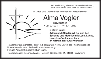 Traueranzeige von Alma Vogler von Frankenpost