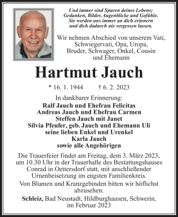 Traueranzeige von Hartmut Jauch von Südthüringer Presse