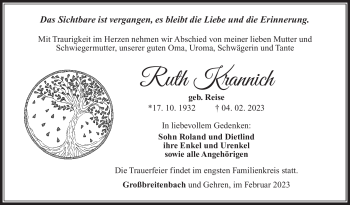 Traueranzeige von Ruth Krannich von Südthüringer Presse