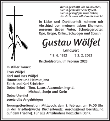 Traueranzeige von Gustav Wölfel von Frankenpost