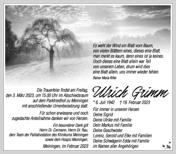 Traueranzeige von Ulrich Grimm von Südthüringer Presse