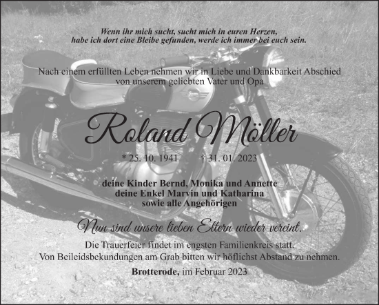 Traueranzeige von Roland Möller von Südthüringer Presse