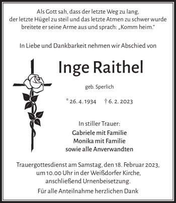 Traueranzeige von Inge Raithel von Frankenpost