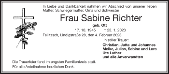 Traueranzeige von Sabine Richter von Frankenpost