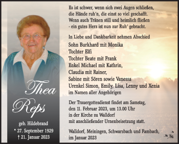 Traueranzeige von Thea Reps von Südthüringer Presse