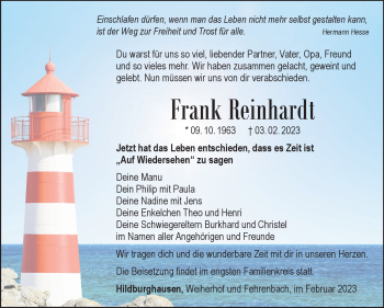 Traueranzeige von Frank Reinhardt von Südthüringer Presse