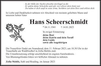 Traueranzeige von Hans Scheerschmidt von Südthüringer Presse