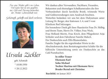Traueranzeige von Ursula Zickler von Südthüringer Presse