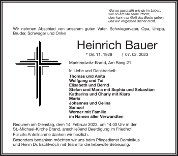 Traueranzeige von Heinrich Bauer von Frankenpost