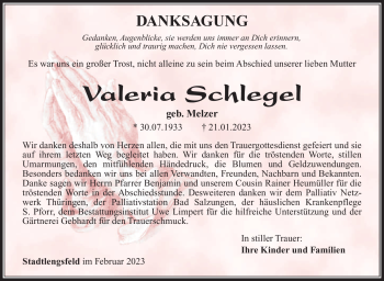 Traueranzeige von Valeria Schlegel von Südthüringer Presse