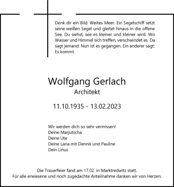 Traueranzeige von Wolfgang Gerlach von Frankenpost