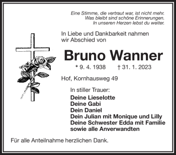 Traueranzeige von Bruno Wanner von Frankenpost